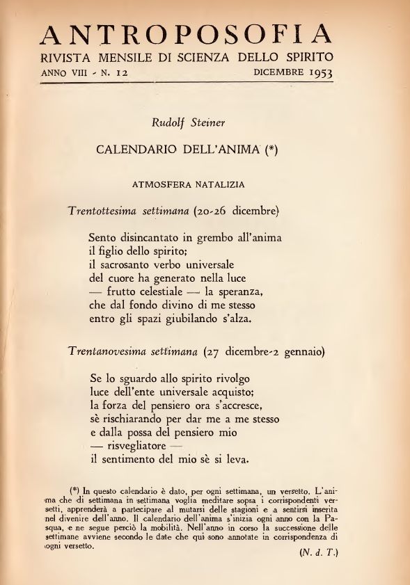 Calendario della anima dicembre 1953 sul numero 12 della Rivista mensile di scienza dello spirito ANTROPOSOFIA - copertina